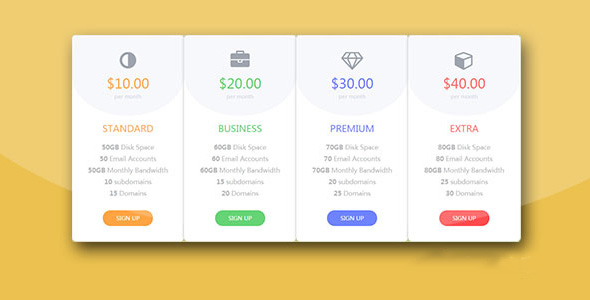 Bootstrap时尚四列定价表价格表插件